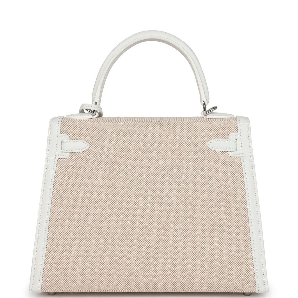 Hermes Kelly Sellier 25 New White Swift and Ecru-Beige Toile H Canvas Palladium Hardware