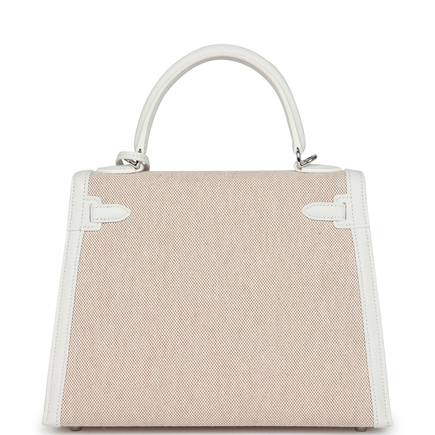 Hermes Kelly Sellier 25 New White Swift and Ecru-Beige Toile H Canvas Palladium Hardware