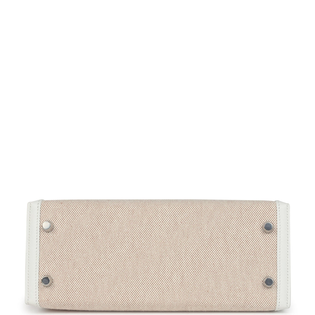 Hermes Kelly Sellier 25 New White Swift and Ecru-Beige Toile H Canvas Palladium Hardware
