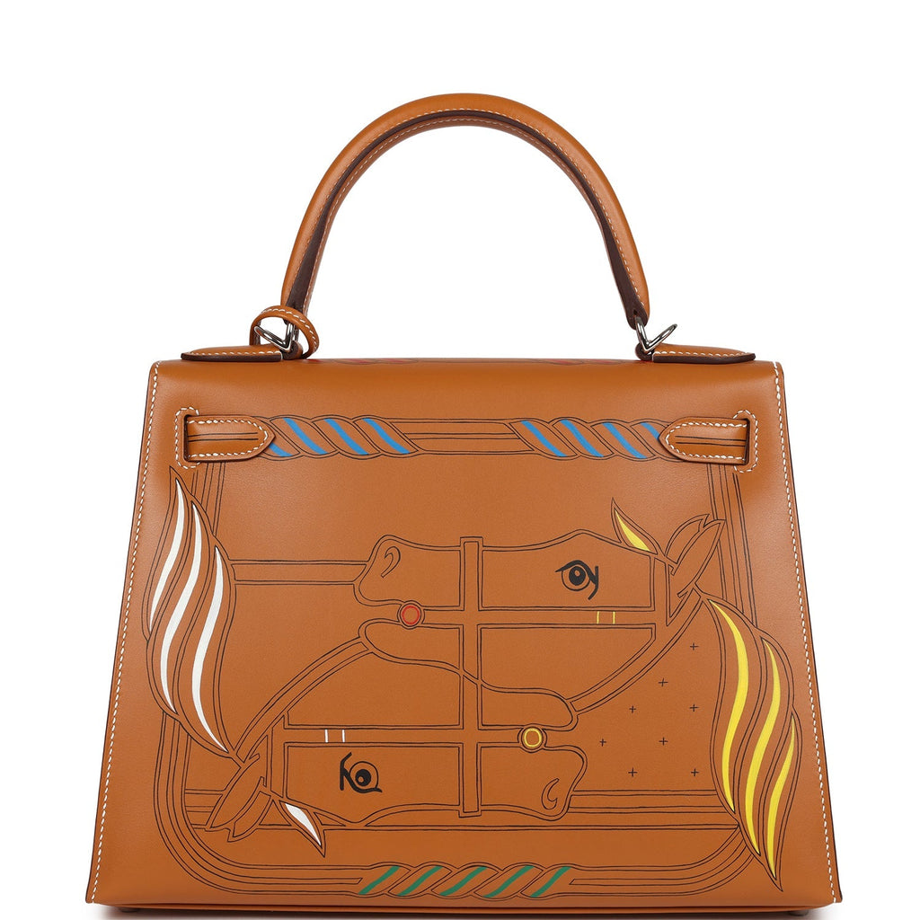 Hermes Kelly Sellier 28 "Painted Quadrige" Naturel Sable Butler Palladium Hardware
