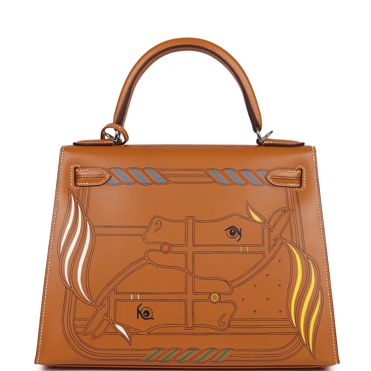 Hermes Kelly Sellier 28 "Painted Quadrige" Naturel Sable Butler Palladium Hardware