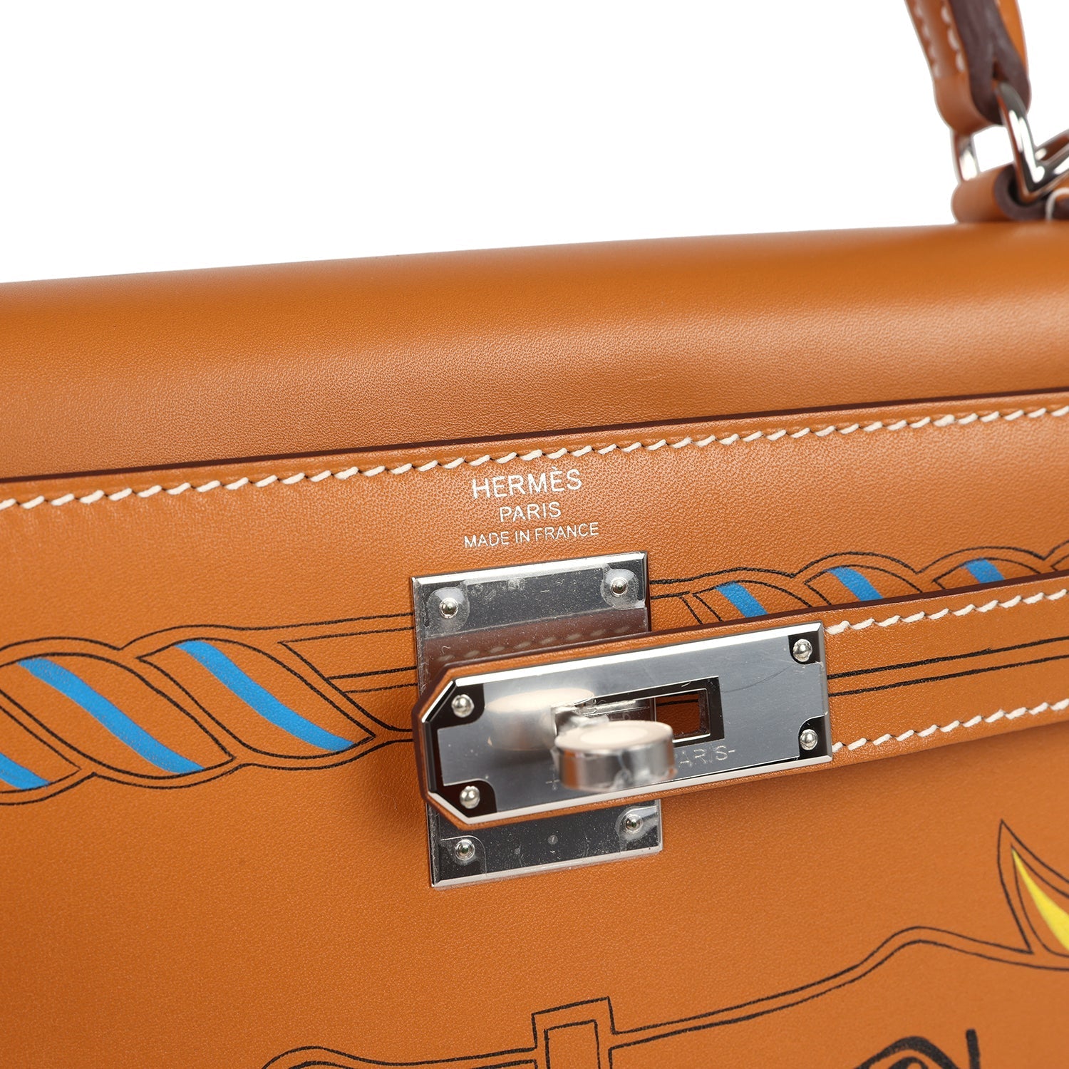 Hermes Kelly Sellier 28 "Painted Quadrige" Naturel Sable Butler Palladium Hardware