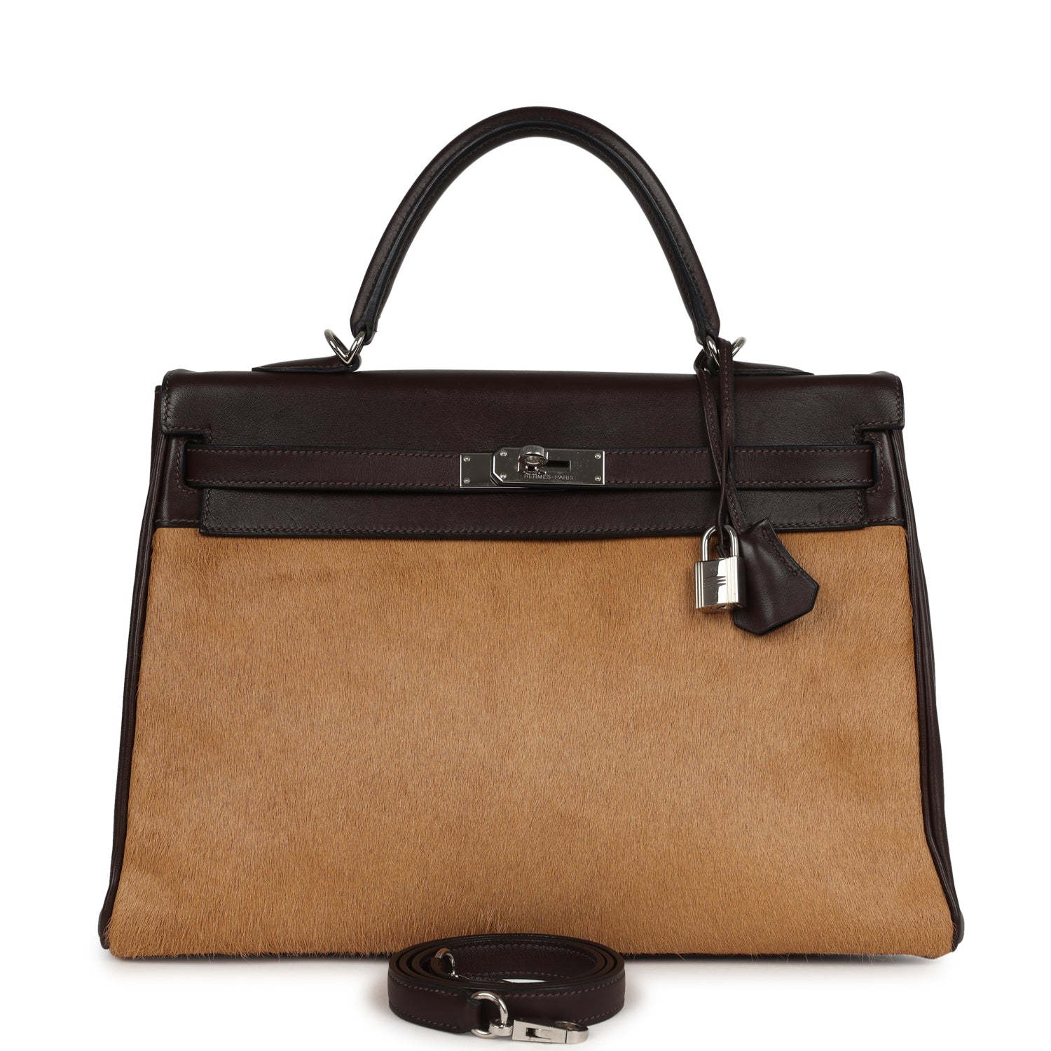 New Hermes Kelly Retourne 35 Ebene Evercalf and Blond Troika Palladium Hardware