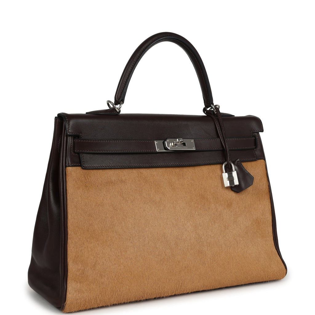New Hermes Kelly Retourne 35 Ebene Evercalf and Blond Troika Palladium Hardware