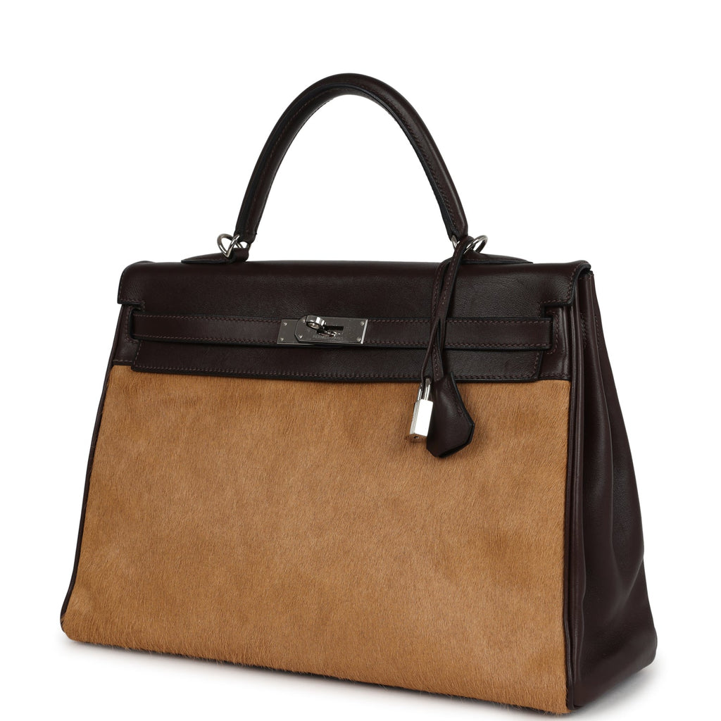 New Hermes Kelly Retourne 35 Ebene Evercalf and Blond Troika Palladium Hardware