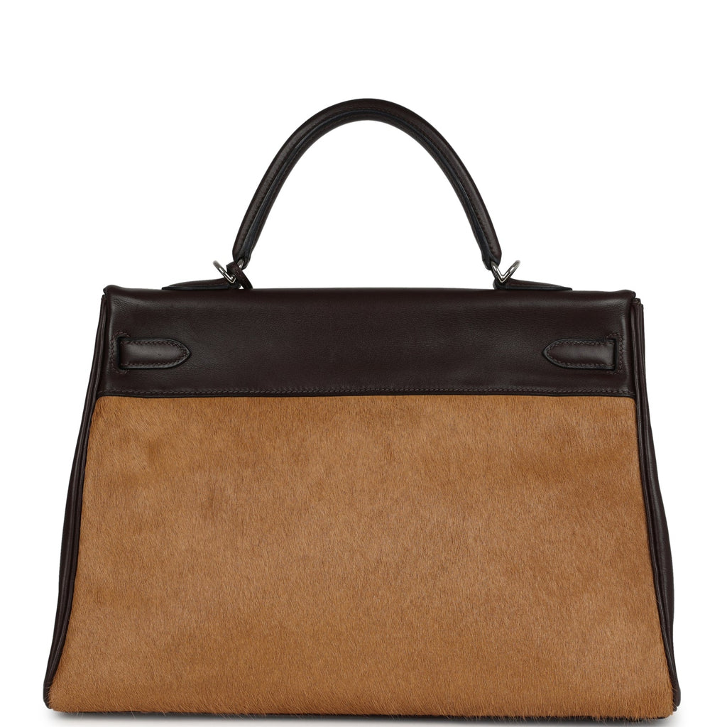 New Hermes Kelly Retourne 35 Ebene Evercalf and Blond Troika Palladium Hardware