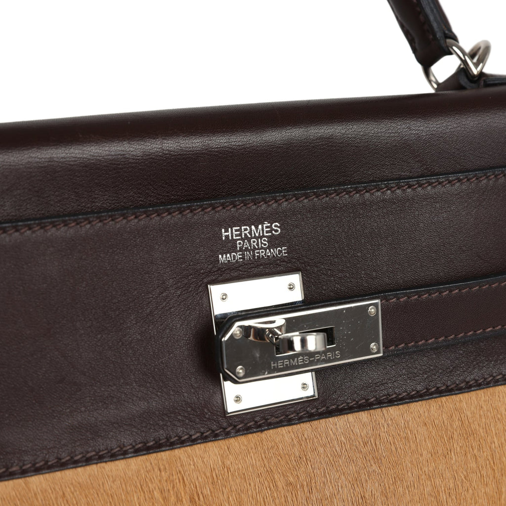 New Hermes Kelly Retourne 35 Ebene Evercalf and Blond Troika Palladium Hardware