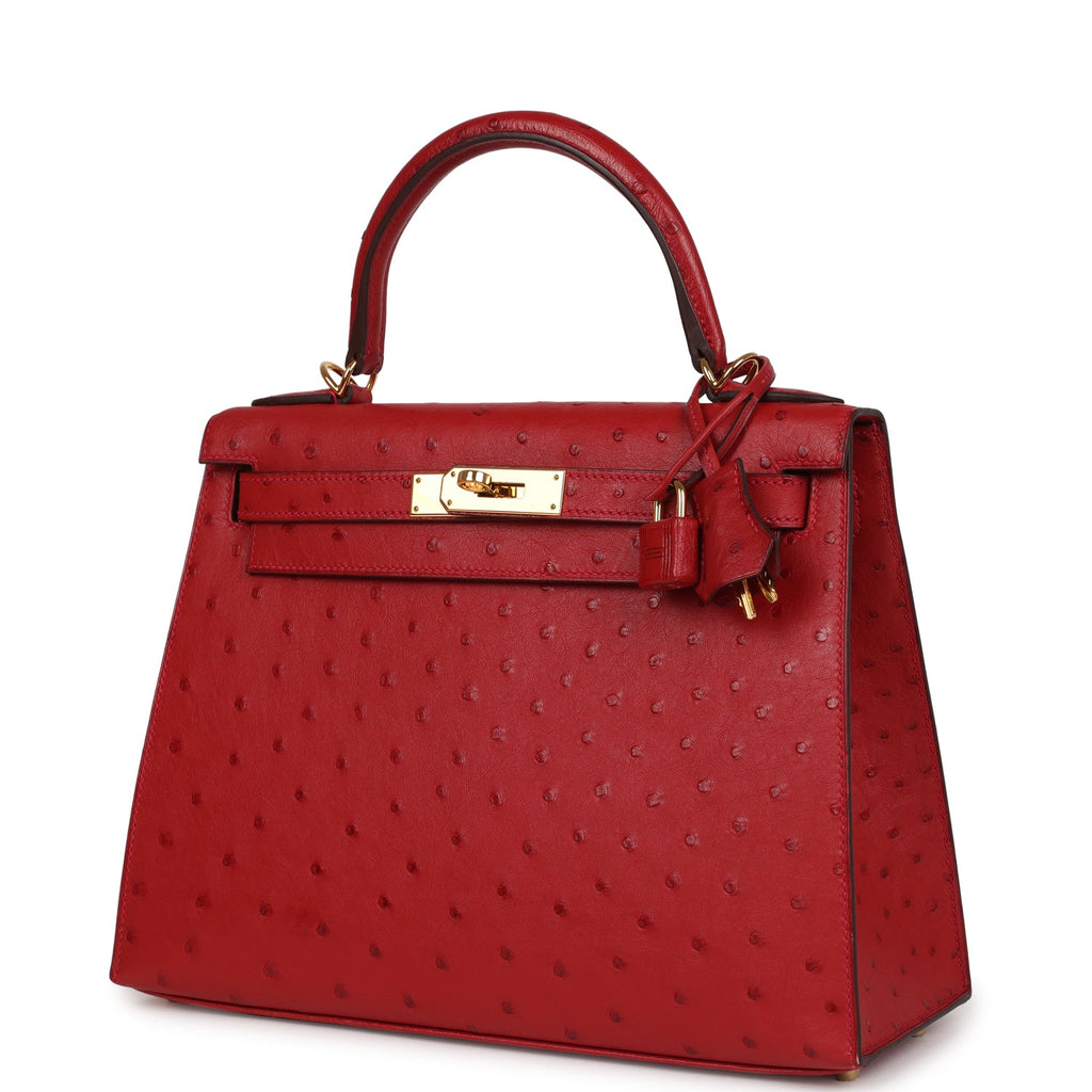 Pre-owned Hermes Kelly Sellier 28 Rouge Vif Ostrich Gold Hardware