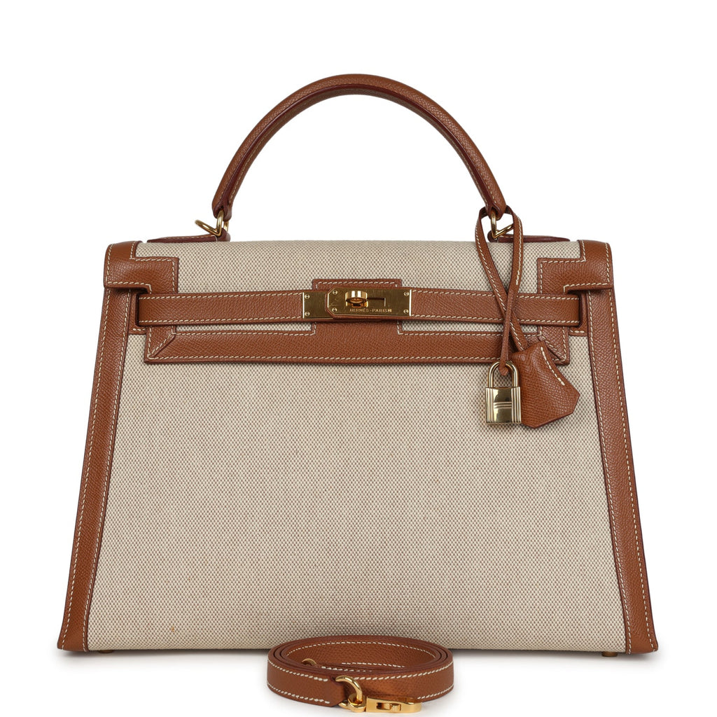 New Hermes Kelly Sellier 32 Gold Courchevel and Ecru-Beige Toile H Canvas Gold Hardware