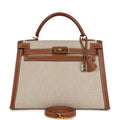 New Hermes Kelly Sellier 32 Gold Courchevel and Ecru-Beige Toile H Canvas Gold Hardware