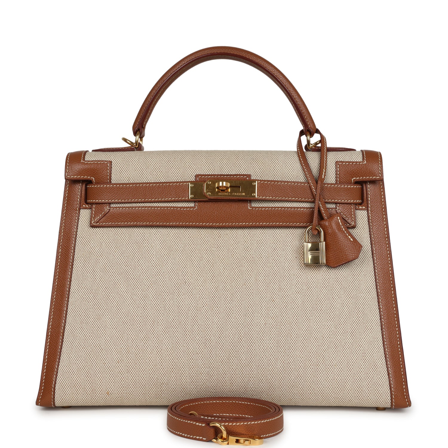 New Hermes Kelly Sellier 32 Gold Courchevel and Ecru-Beige Toile H Canvas Gold Hardware