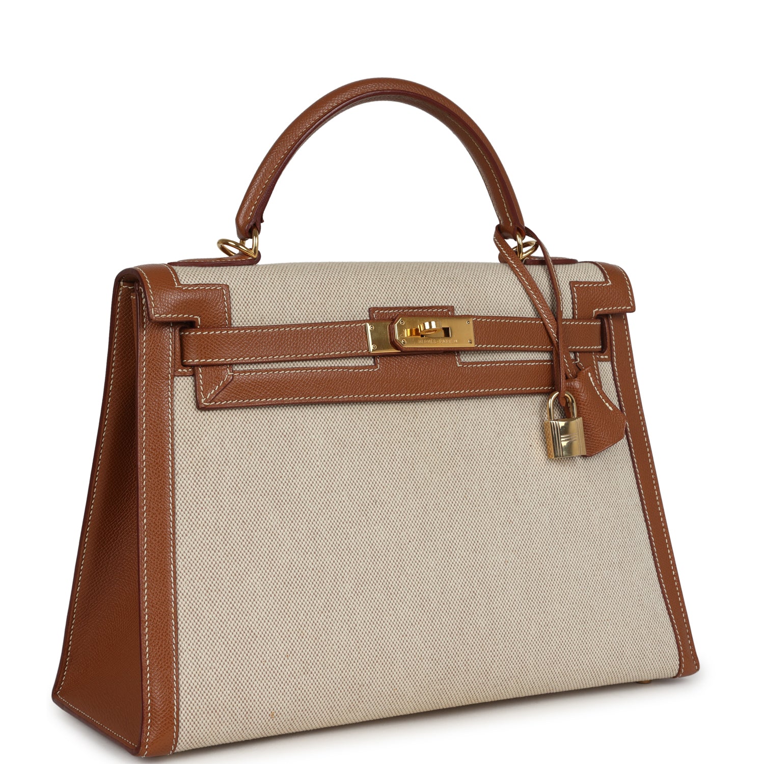 New Hermes Kelly Sellier 32 Gold Courchevel and Ecru-Beige Toile H Canvas Gold Hardware