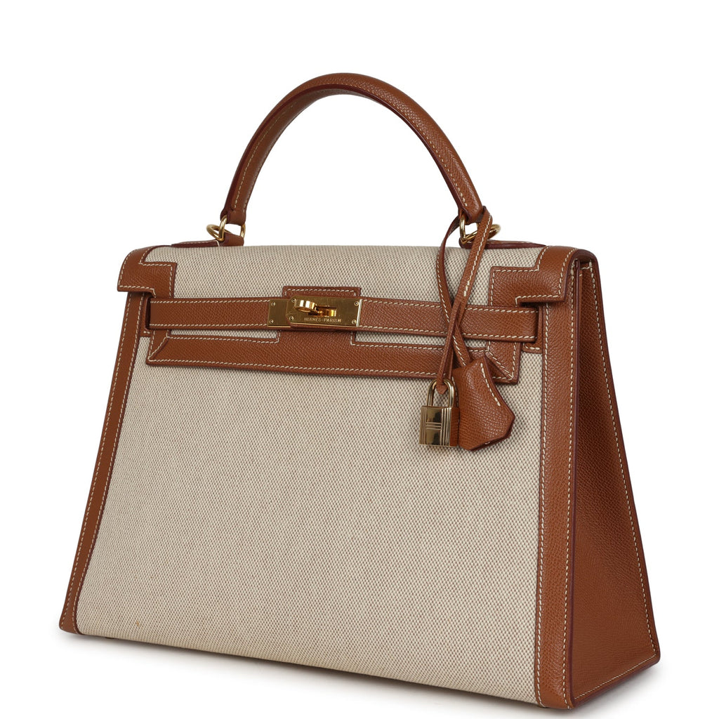 New Hermes Kelly Sellier 32 Gold Courchevel and Ecru-Beige Toile H Canvas Gold Hardware