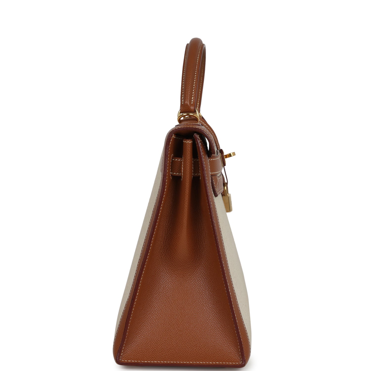 New Hermes Kelly Sellier 32 Gold Courchevel and Ecru-Beige Toile H Canvas Gold Hardware