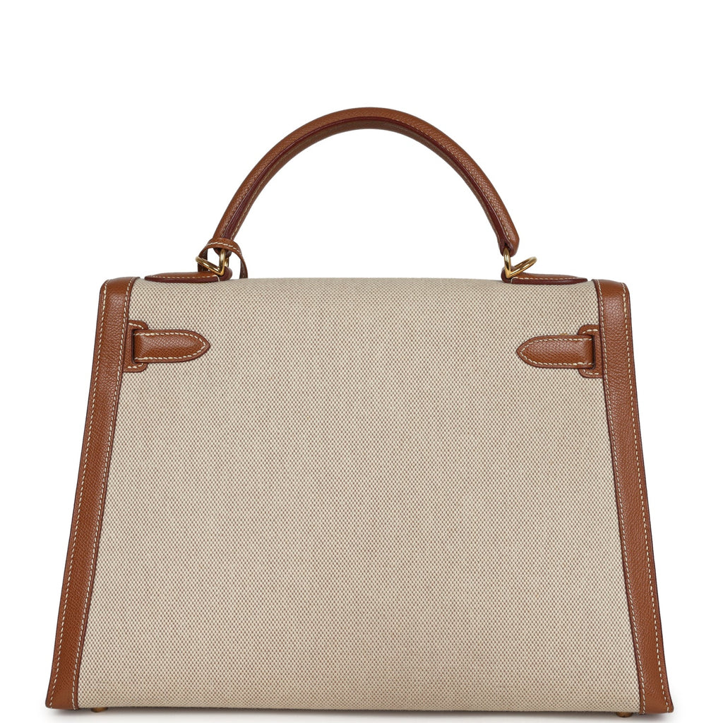New Hermes Kelly Sellier 32 Gold Courchevel and Ecru-Beige Toile H Canvas Gold Hardware