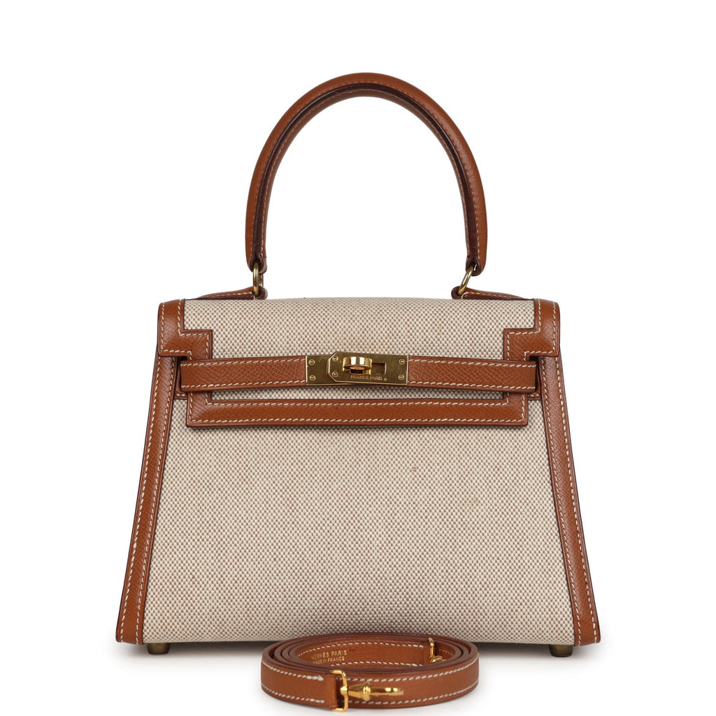 New Hermes Kelly Sellier 20 Gold Courchevel and Ecru-Beige Toile H Canvas Gold Hardware