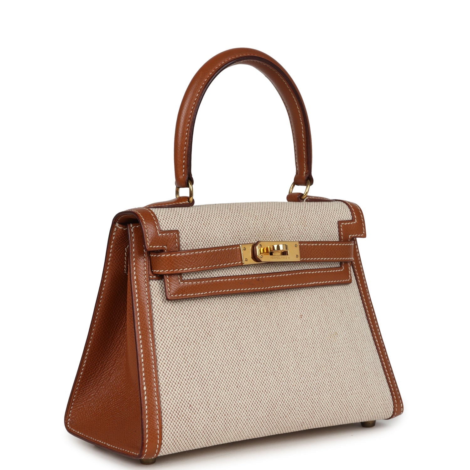 New Hermes Kelly Sellier 20 Gold Courchevel and Ecru-Beige Toile H Canvas Gold Hardware