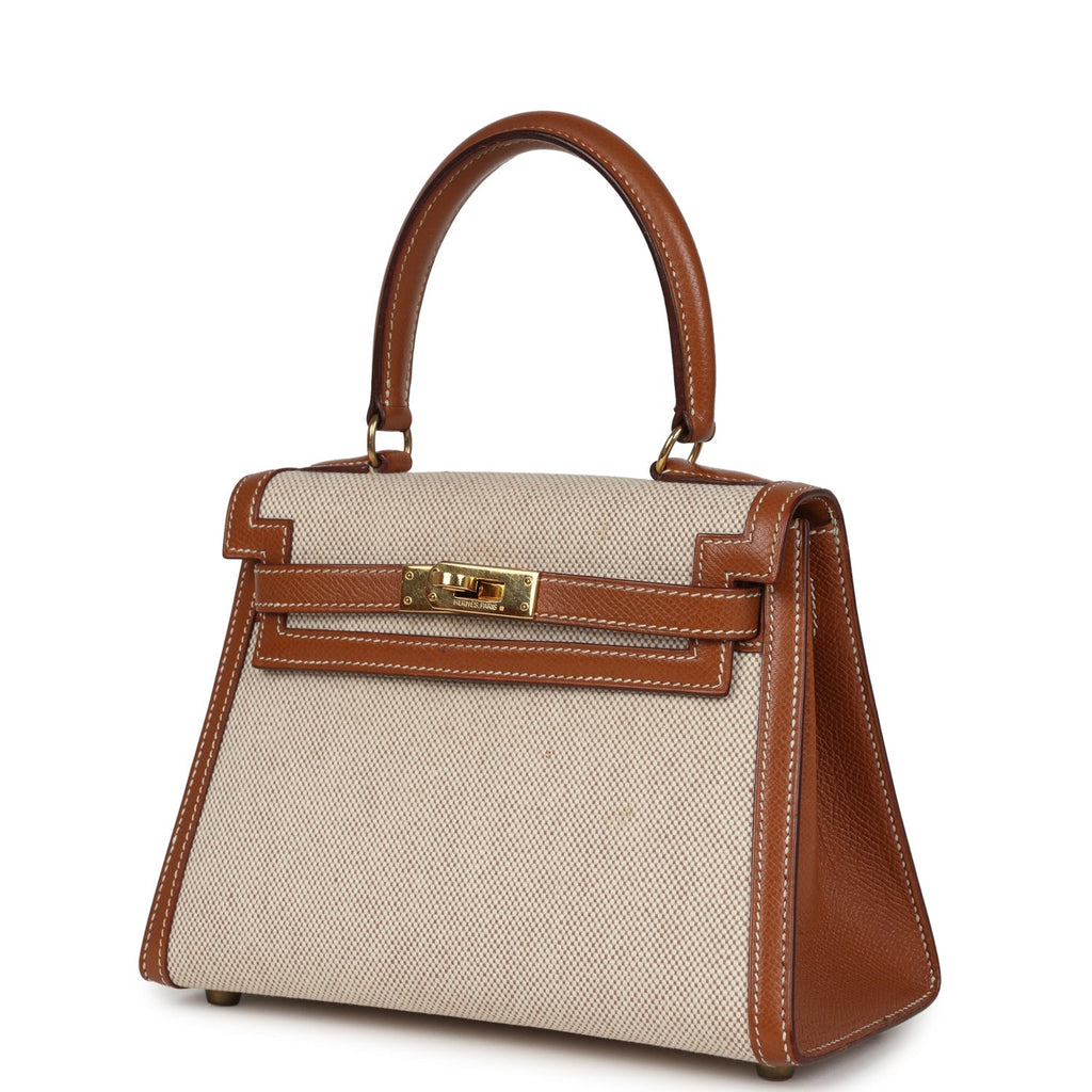 Vintage Hermes Kelly Sellier 20 Gold Courchevel and Ecru-Beige Toile H Canvas Gold Hardware