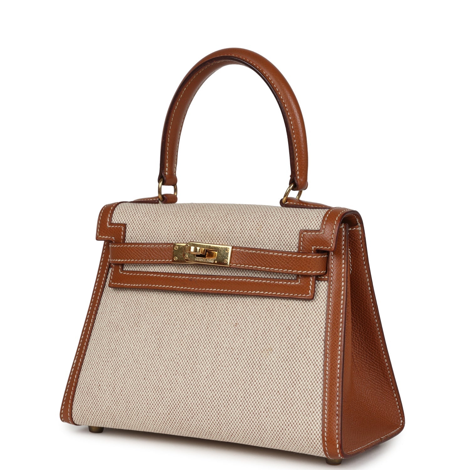 New Hermes Kelly Sellier 20 Gold Courchevel and Ecru-Beige Toile H Canvas Gold Hardware