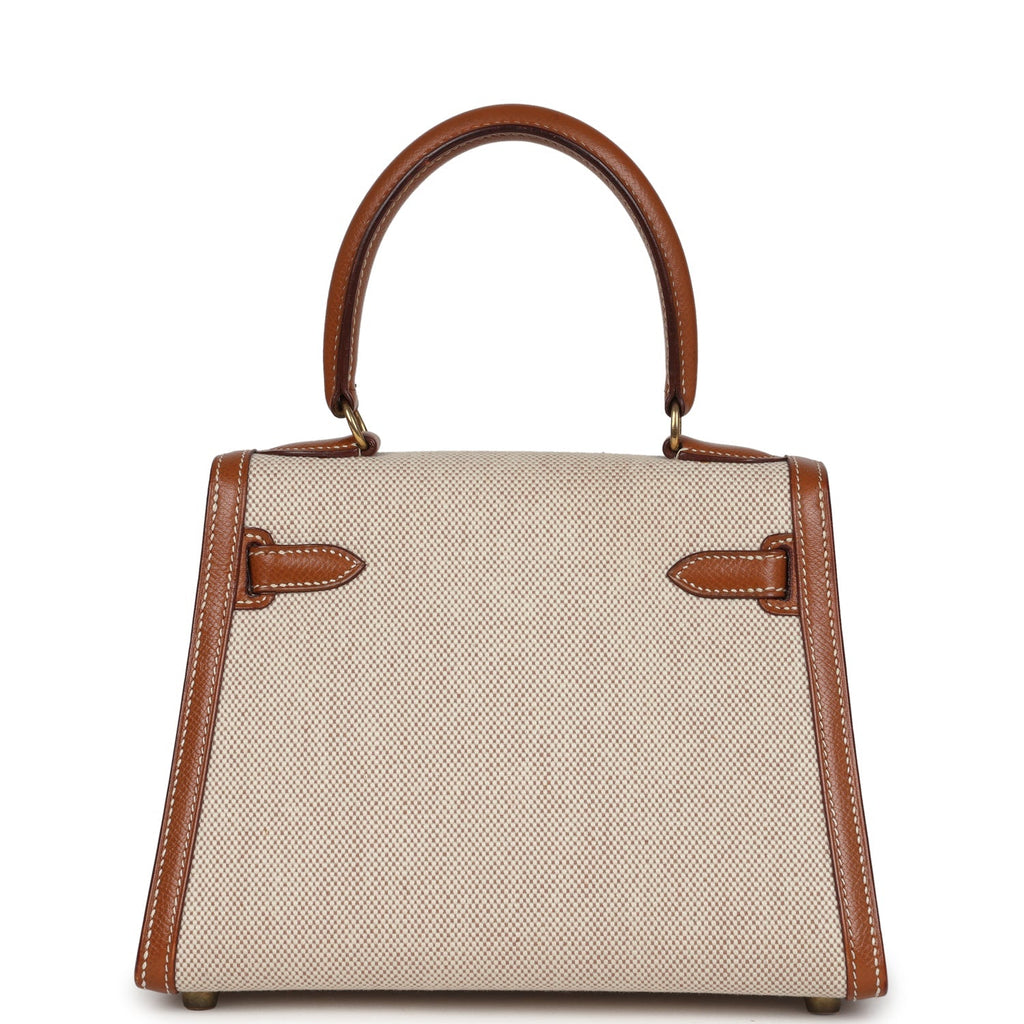 New Hermes Kelly Sellier 20 Gold Courchevel and Ecru-Beige Toile H Canvas Gold Hardware