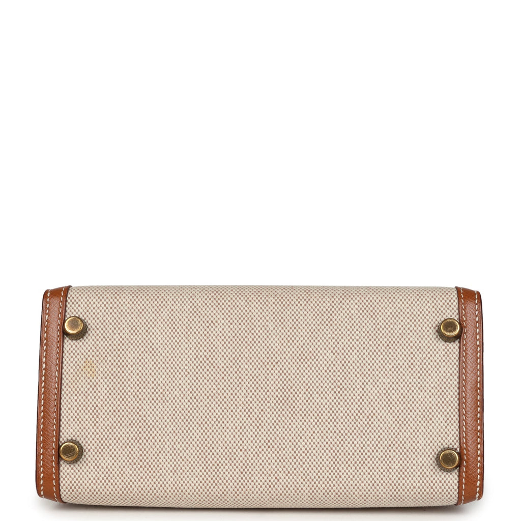 New Hermes Kelly Sellier 20 Gold Courchevel and Ecru-Beige Toile H Canvas Gold Hardware