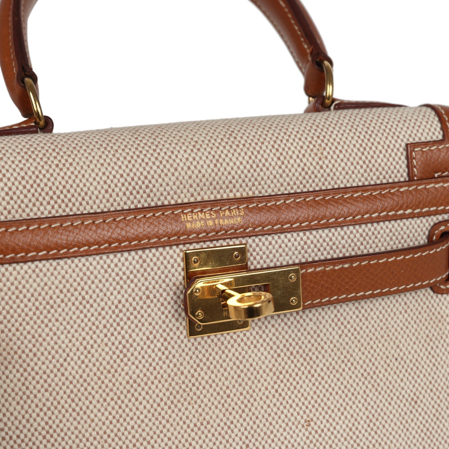 New Hermes Kelly Sellier 20 Gold Courchevel and Ecru-Beige Toile H Canvas Gold Hardware
