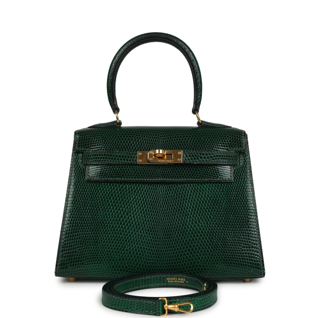 New Hermes Kelly Sellier 20 Vert Fonce Varanus Salvator Lizard Gold Hardware
