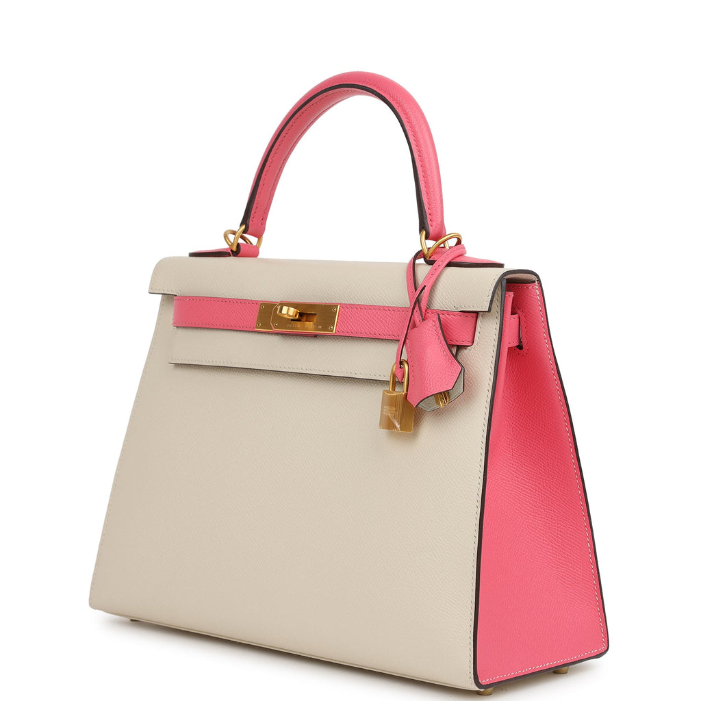 Pre-owned Hermes Special Order (HSS) Kelly Sellier 28 Craie and Rose Azalee Epsom Brushed Gold Hardware
