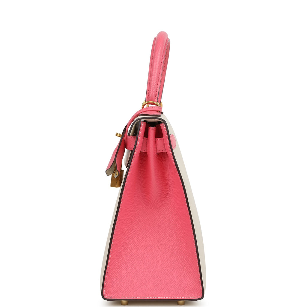 Pre-owned Hermes Special Order (HSS) Kelly Sellier 28 Craie and Rose Azalee Epsom Brushed Gold Hardware