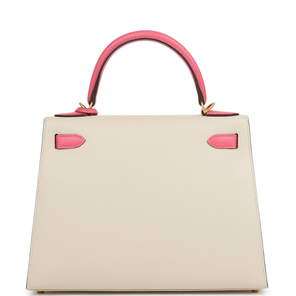 Pre-owned Hermes Special Order (HSS) Kelly Sellier 28 Craie and Rose Azalee Epsom Brushed Gold Hardware