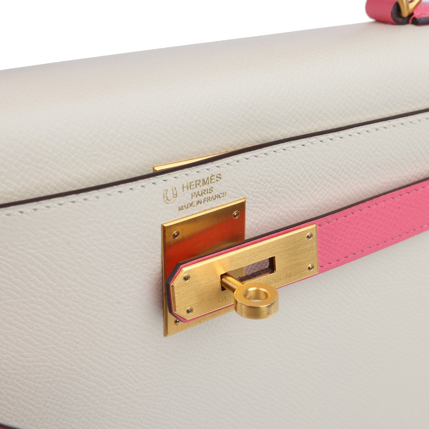 Pre-owned Hermes Special Order (HSS) Kelly Sellier 28 Craie and Rose Azalee Epsom Brushed Gold Hardware