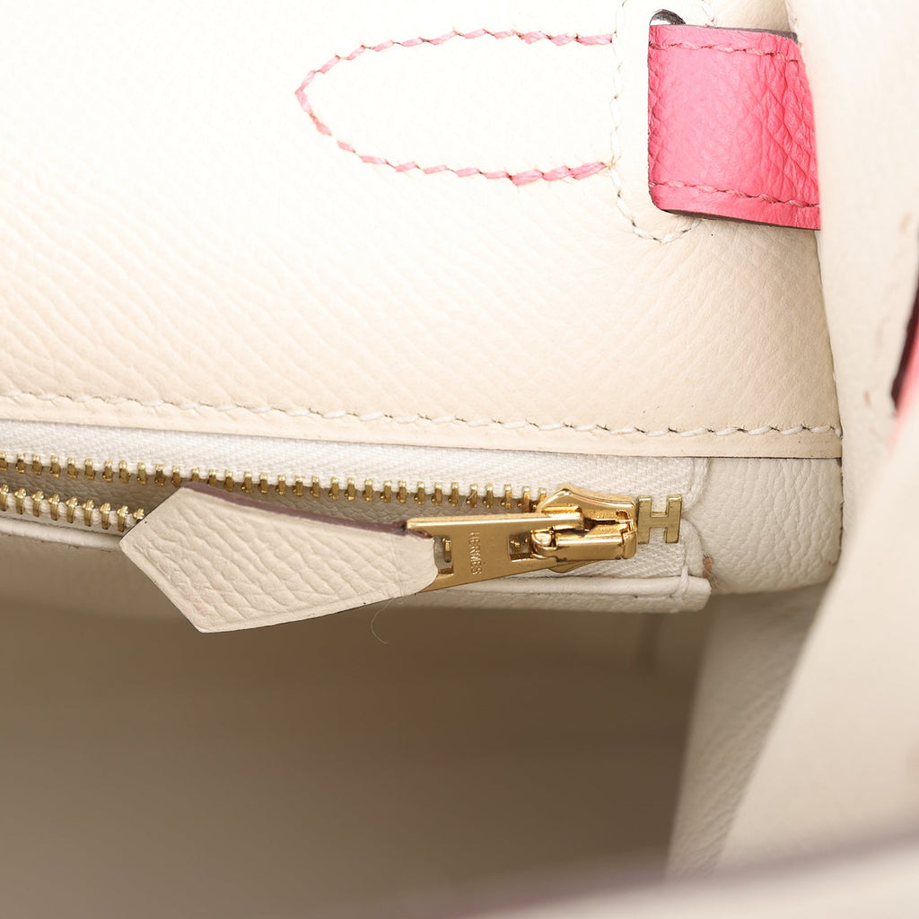 Pre-owned Hermes Special Order (HSS) Kelly Sellier 28 Craie and Rose Azalee Epsom Brushed Gold Hardware