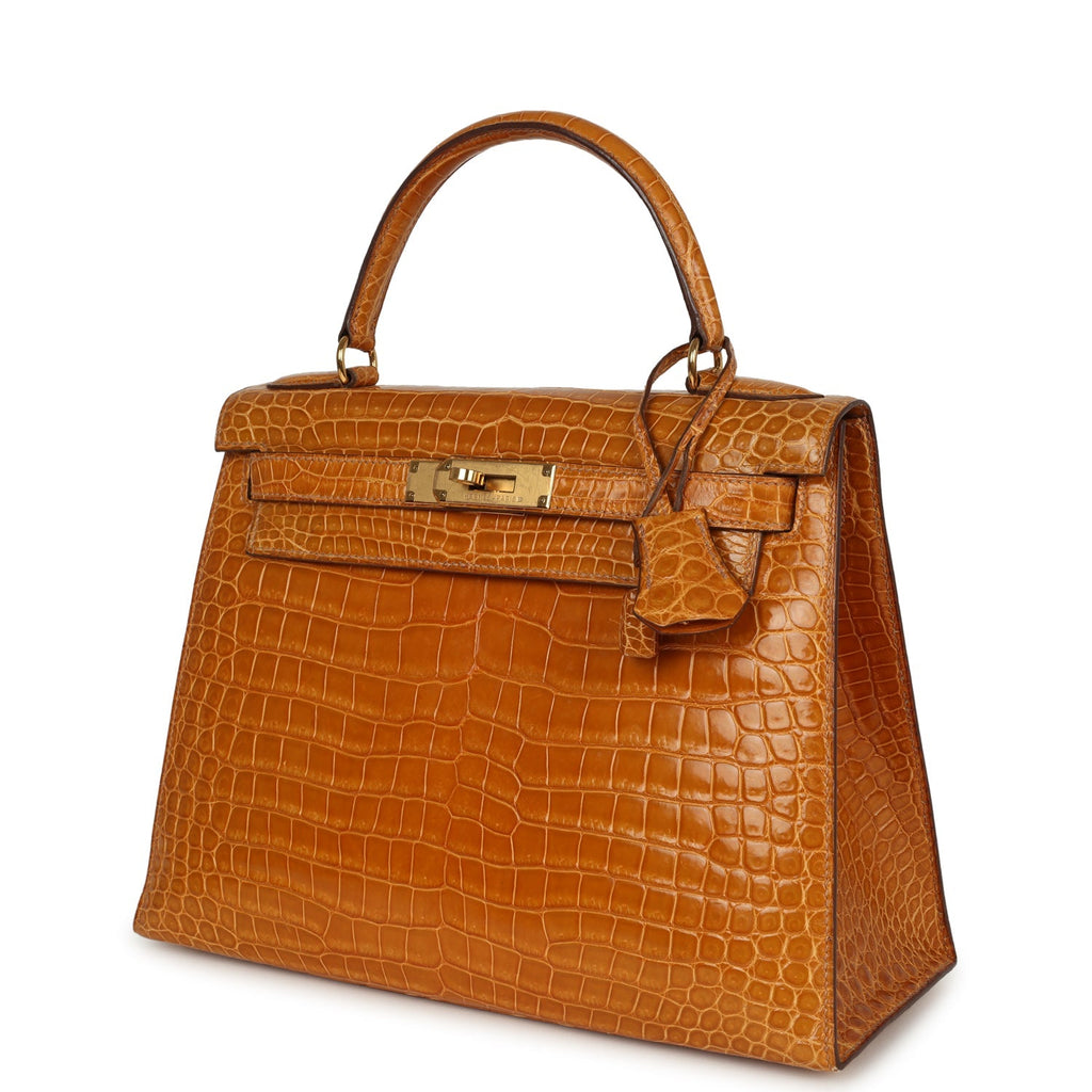 Vintage Hermes Kelly Sellier 28 Saffron Porosus Crocodile Gold Hardware