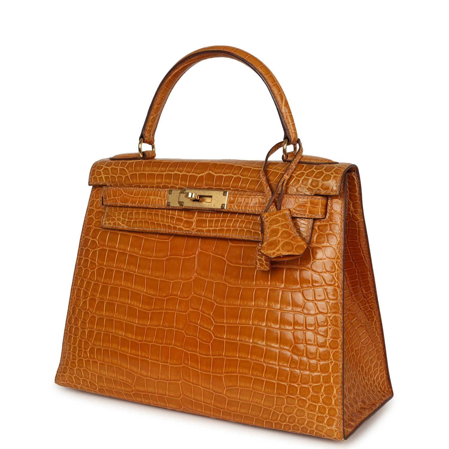 Vintage Hermes Kelly Sellier 28 Saffron Porosus Crocodile Gold Hardware