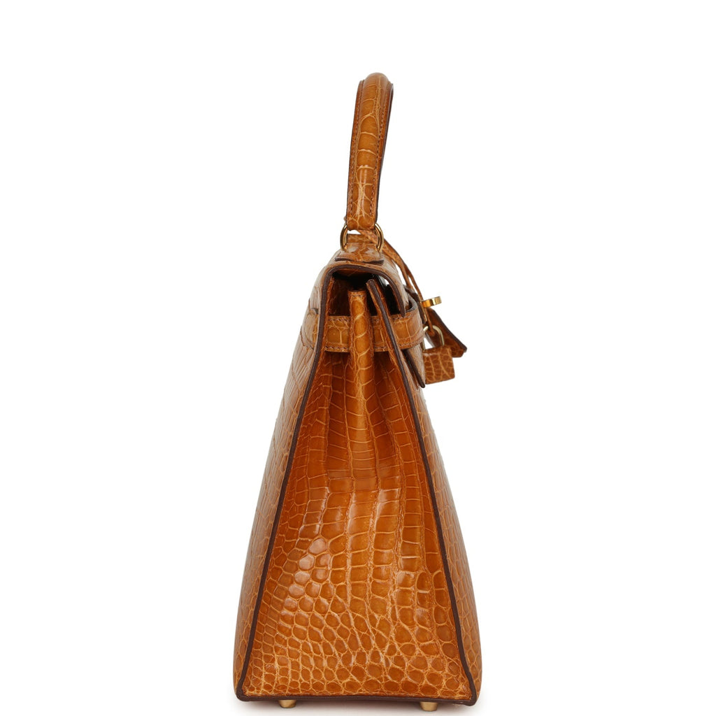 Vintage Hermes Kelly Sellier 28 Saffron Porosus Crocodile Gold Hardware