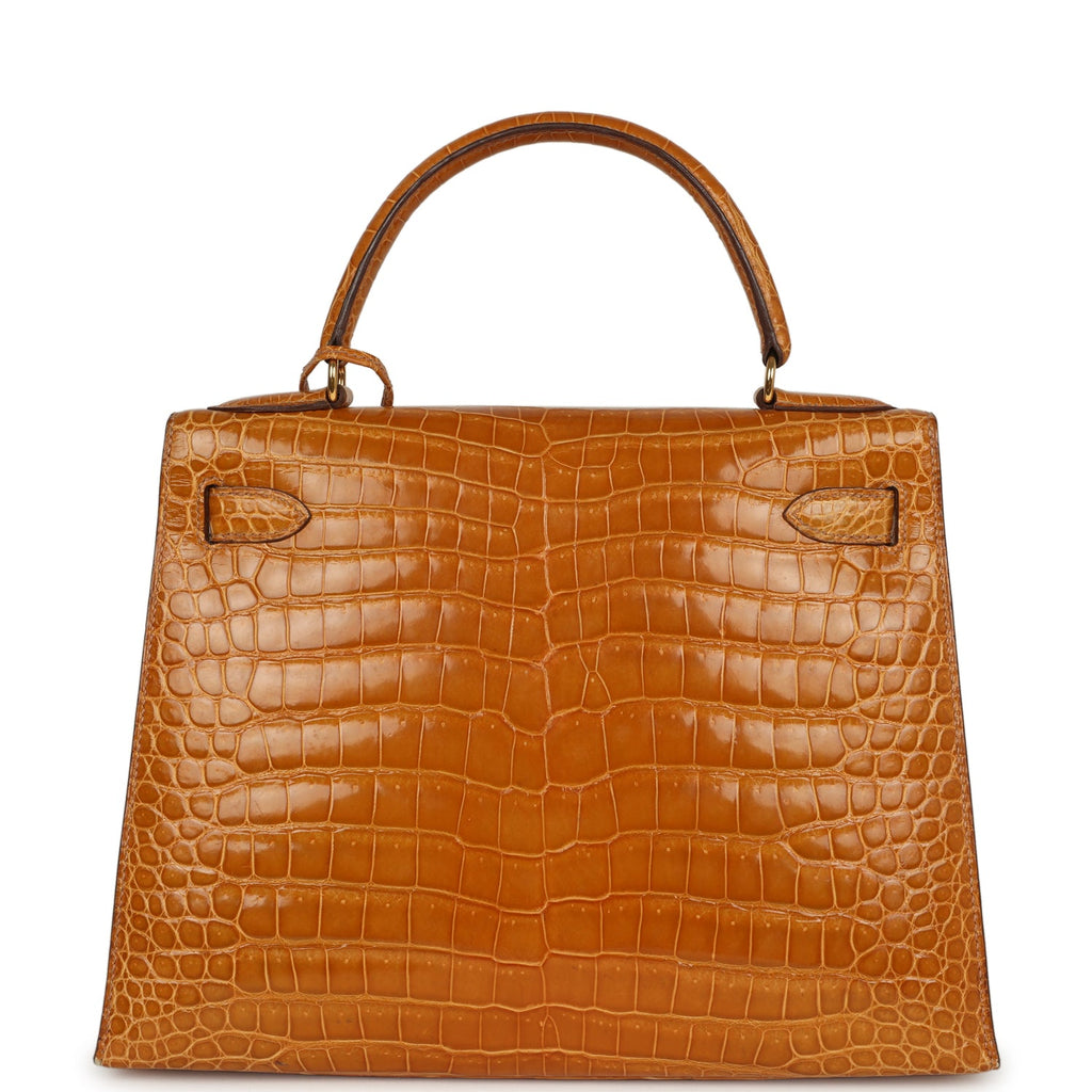 New Hermes Kelly Sellier 28 Saffron Porosus Crocodile Gold Hardware