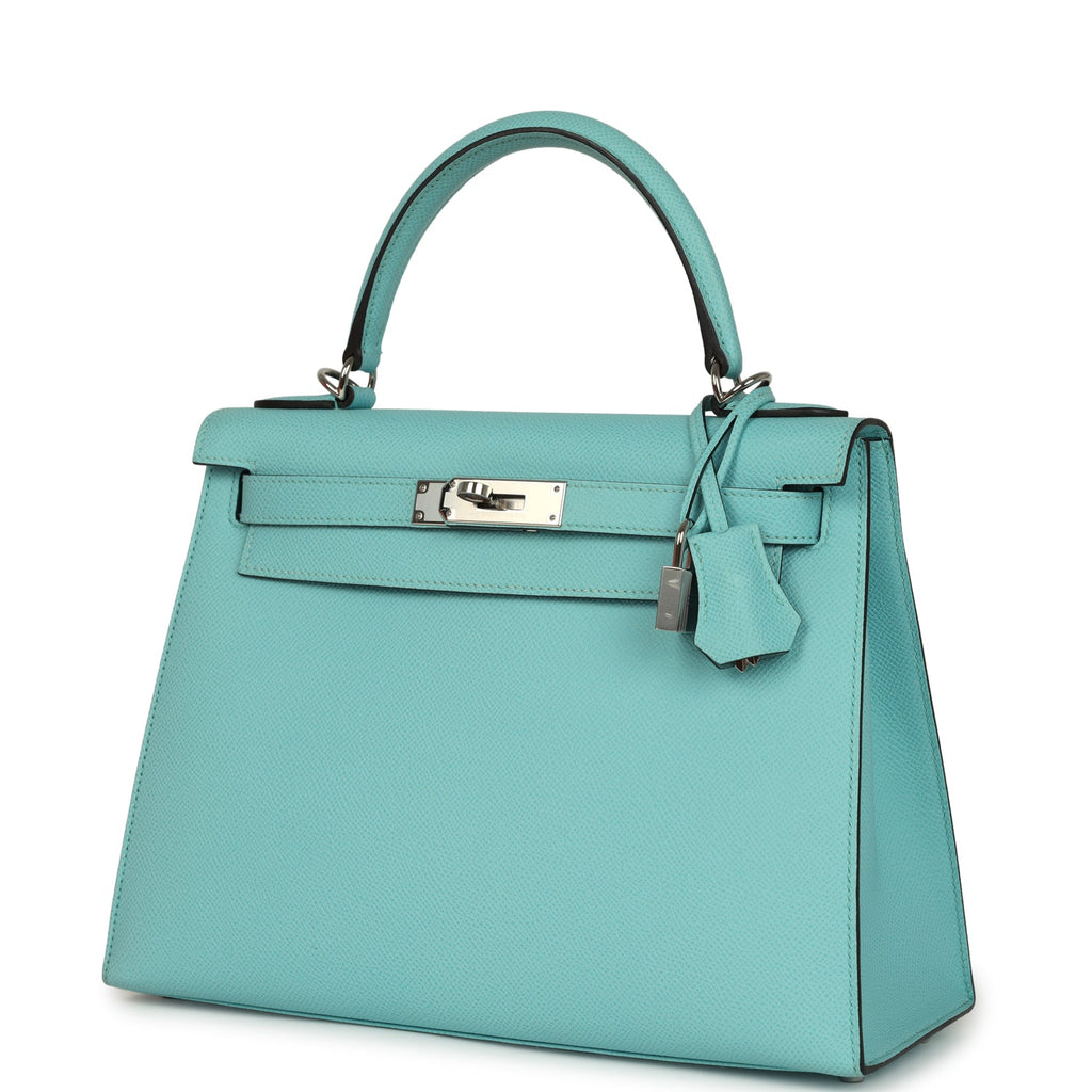 Pre-owned Hermes Kelly Sellier 28 Bleu Atoll Epsom Palladium Hardware