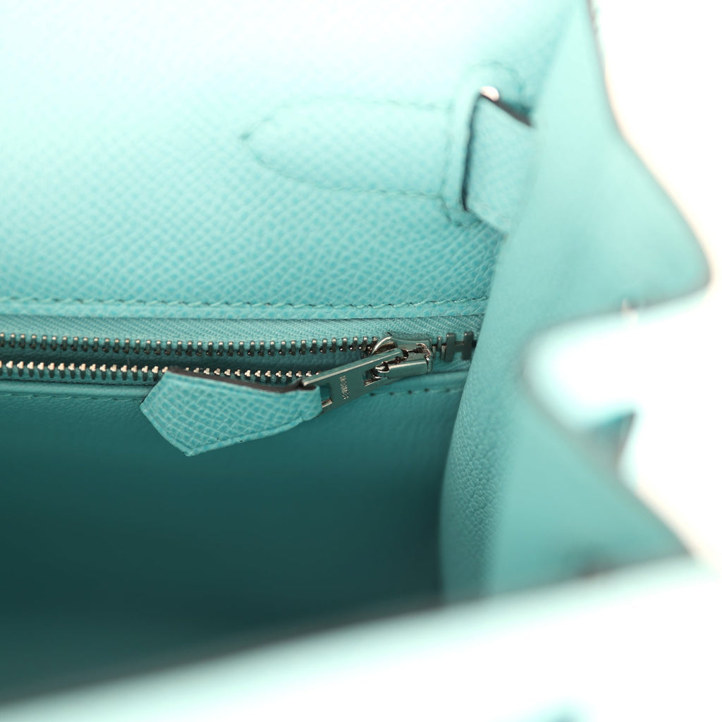 Pre-owned Hermes Kelly Sellier 28 Bleu Atoll Epsom Palladium Hardware