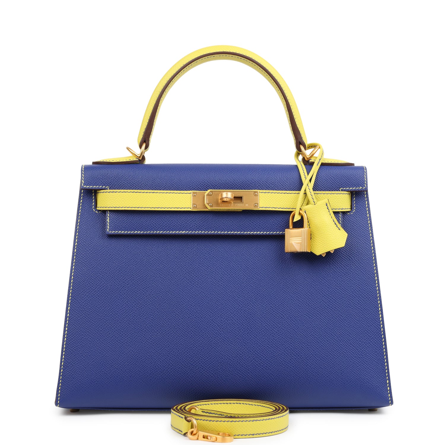 Hermes Special Order (HSS) Kelly Sellier 28 Bleu Electric and Lime Epsom Brushed Gold Hardware