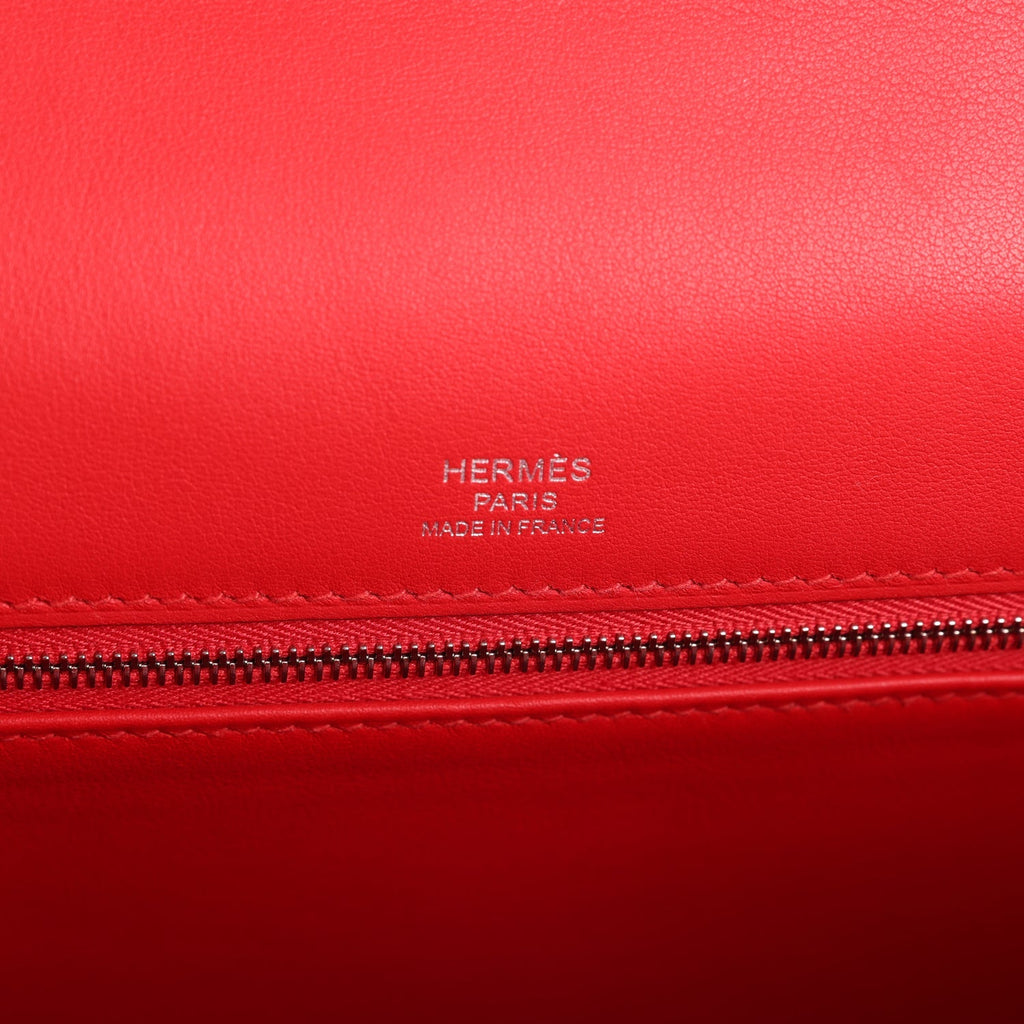 Pre-owned Hermes Kelly Sellier 28 Rouge De Coeur Swift and Beige-Ecru Toile H Canvas Palladium Hardware