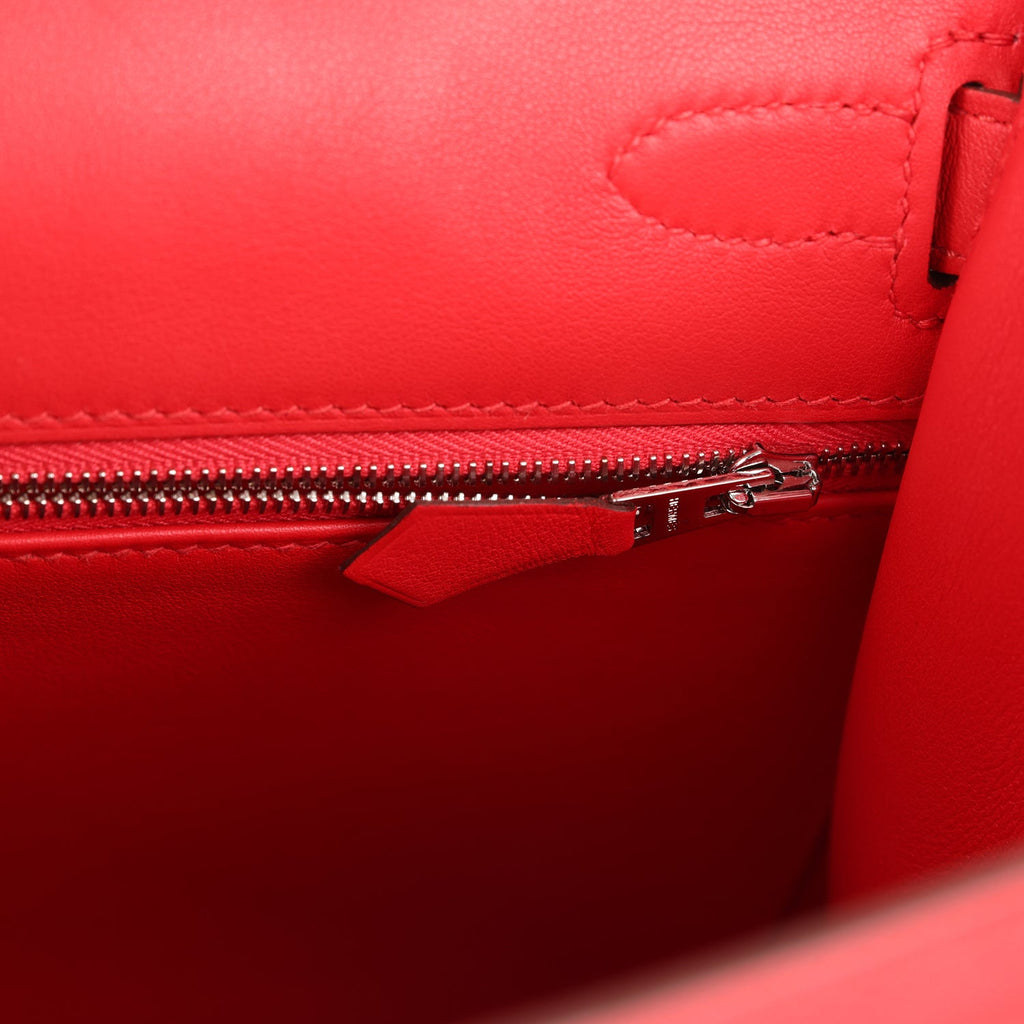 Pre-owned Hermes Kelly Sellier 28 Rouge De Coeur Swift and Beige-Ecru Toile H Canvas Palladium Hardware
