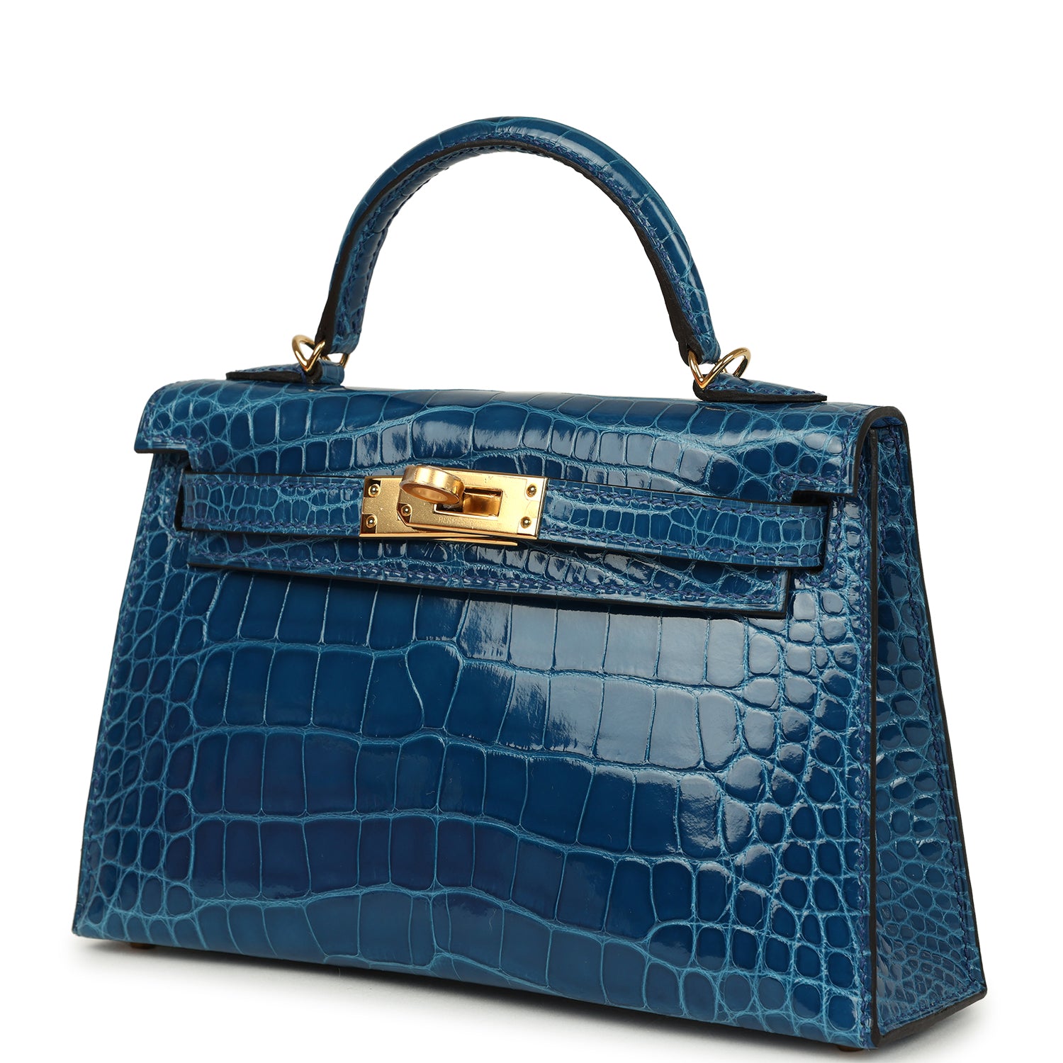 Hermes Kelly Sellier 20 Bleu Mykonos Shiny Alligator Gold Hardware