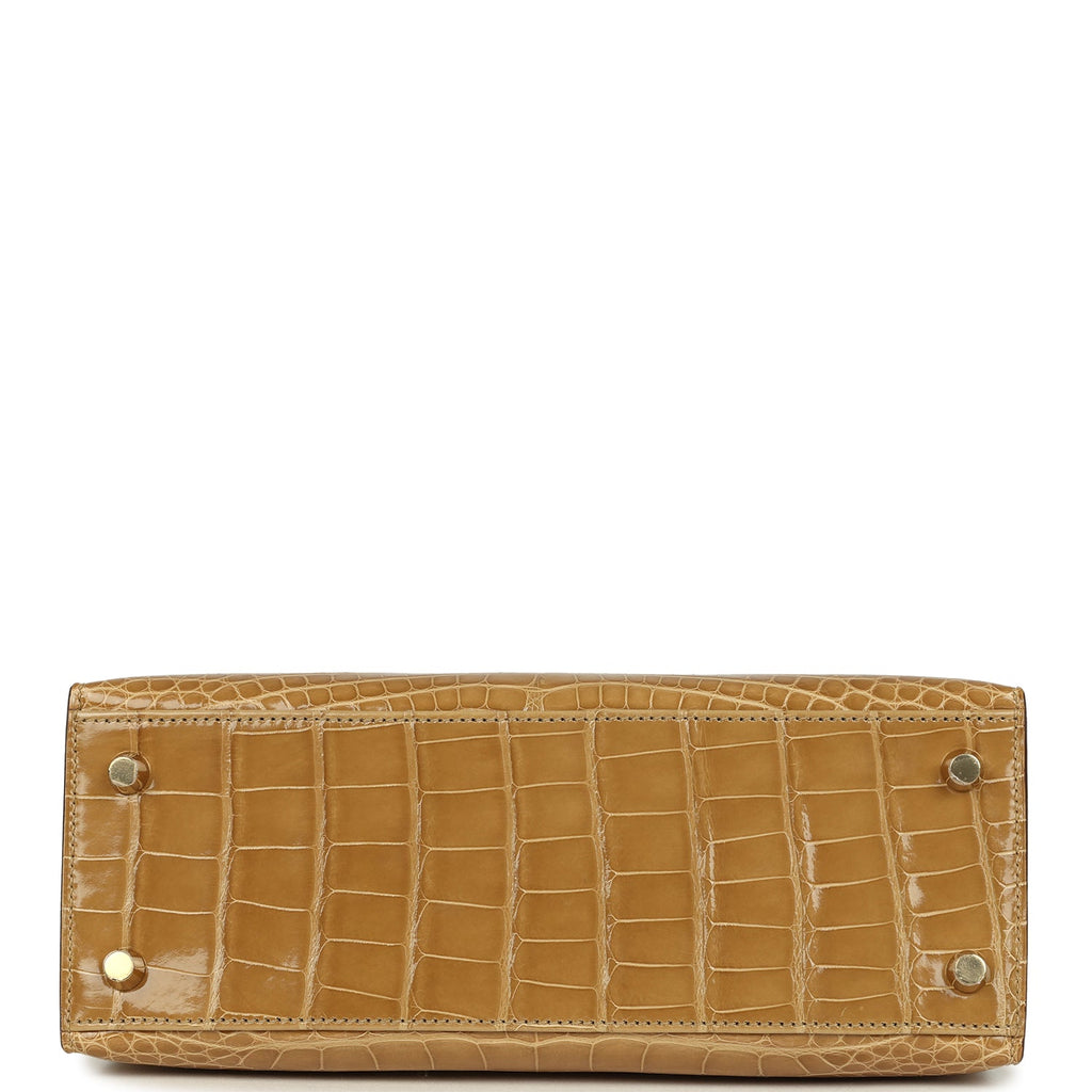 Hermes Special Order (HSS) Kelly Sellier 25 Beige Sable and Jaune Ambre Shiny Alligator Mississpiensis Brushed Gold Hardware