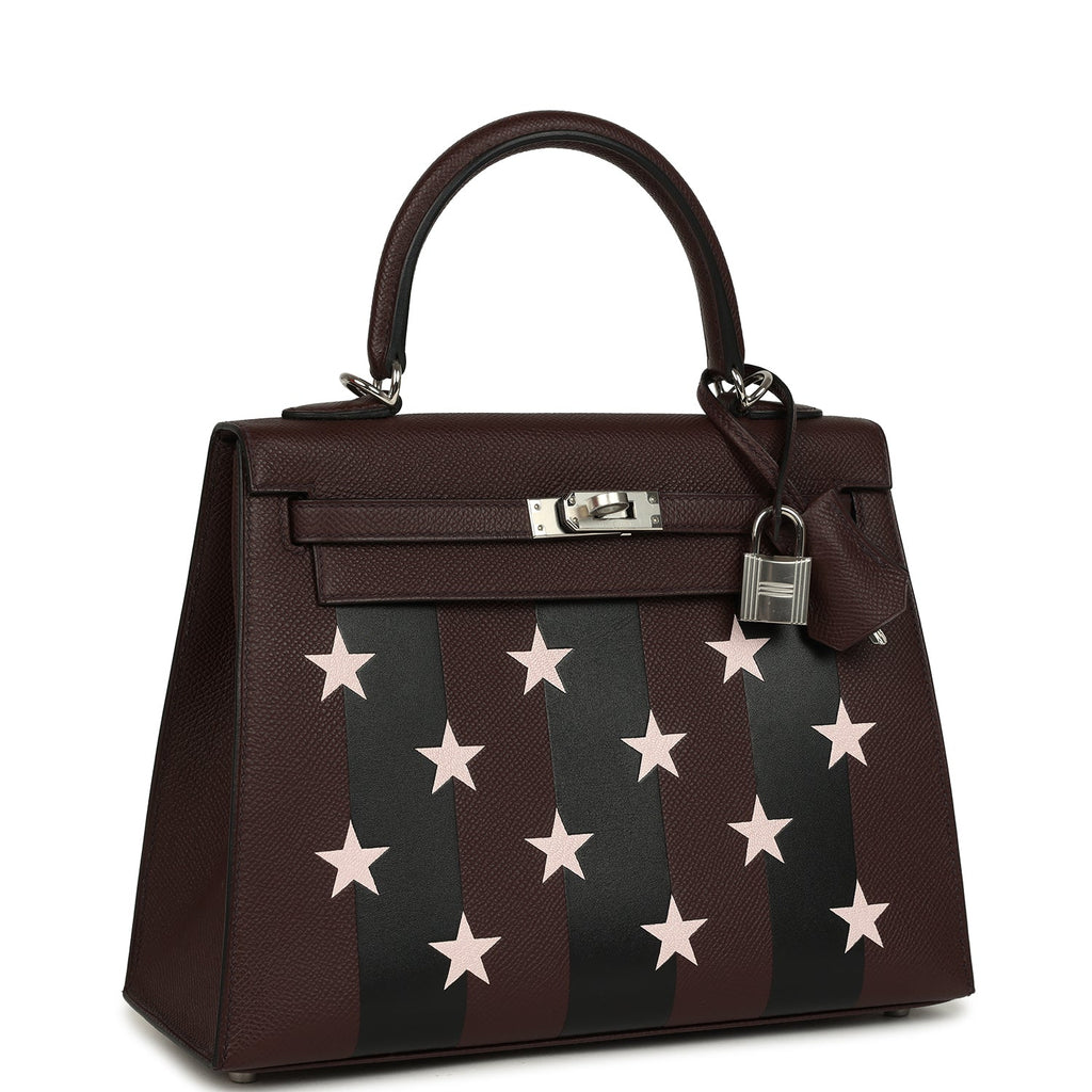Hermes Kelly Sellier 25 Casaque Etoilee Rouge Sellier Epsom, Black Tadelakt, Rose Darling Chevre Mysore Palladium Hardware