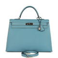 Vintage Hermes Kelly Sellier 35 Blue Jean Epsom Palladium Hardware