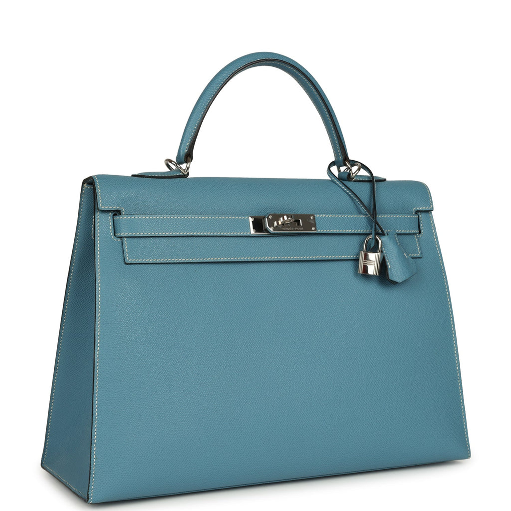 New Hermes Kelly Sellier 35 Blue Jean Epsom Palladium Hardware