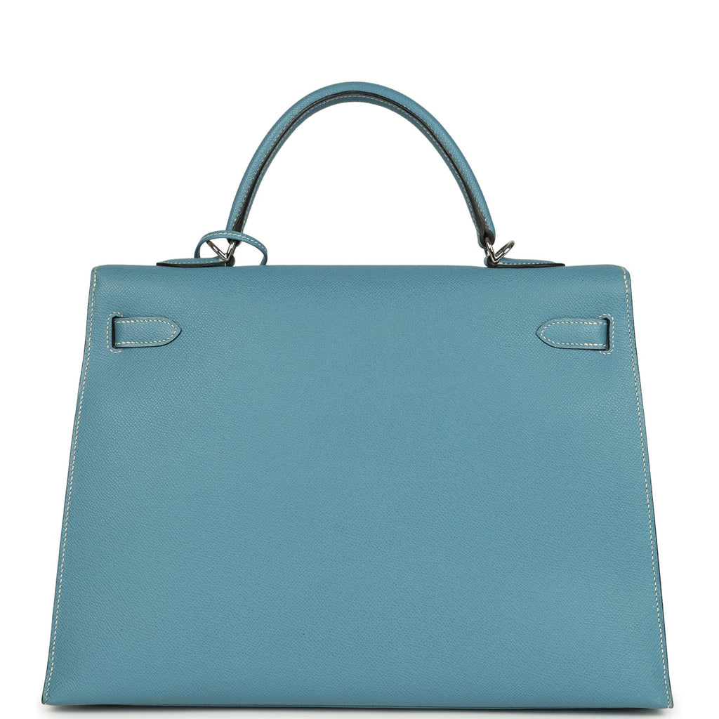 Vintage Hermes Kelly Sellier 35 Blue Jean Epsom Palladium Hardware