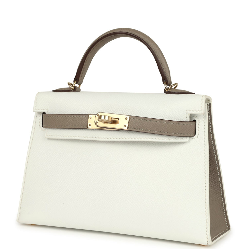 Hermes Special Order (HSS) Kelly Sellier 20 White and Gris Asphalt Epsom Permabrass Hardware