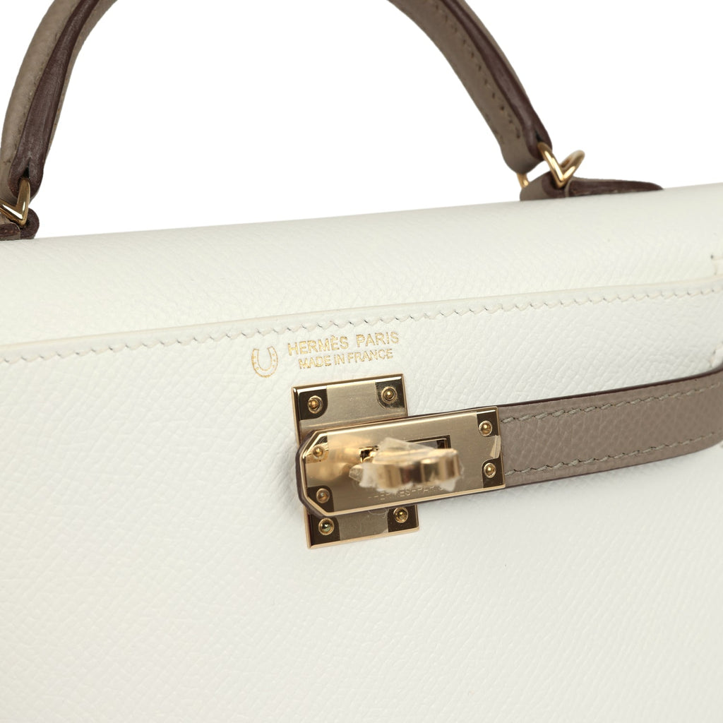 Hermes Special Order (HSS) Kelly Sellier 20 White and Gris Asphalt Epsom Permabrass Hardware
