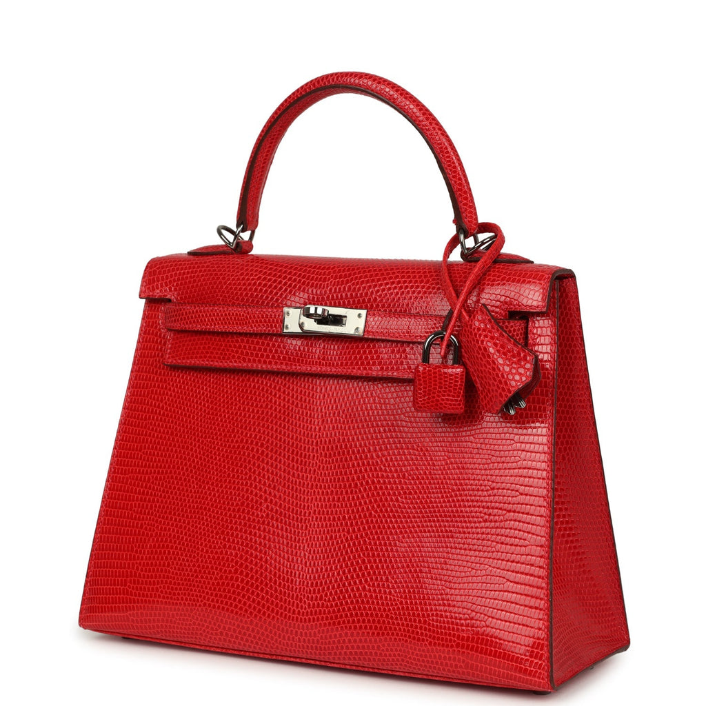 Vintage Hermes Kelly Sellier 25 Rouge Moyen Varanus Niloticus Lizard Ruthenium Hardware